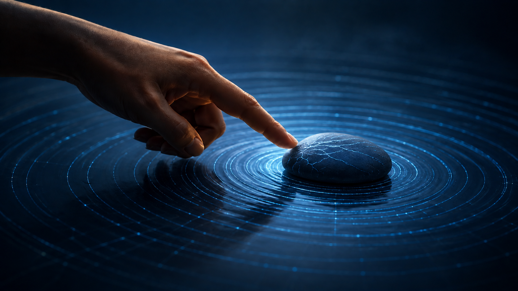 A fingertip touching water and sending out blue ripples