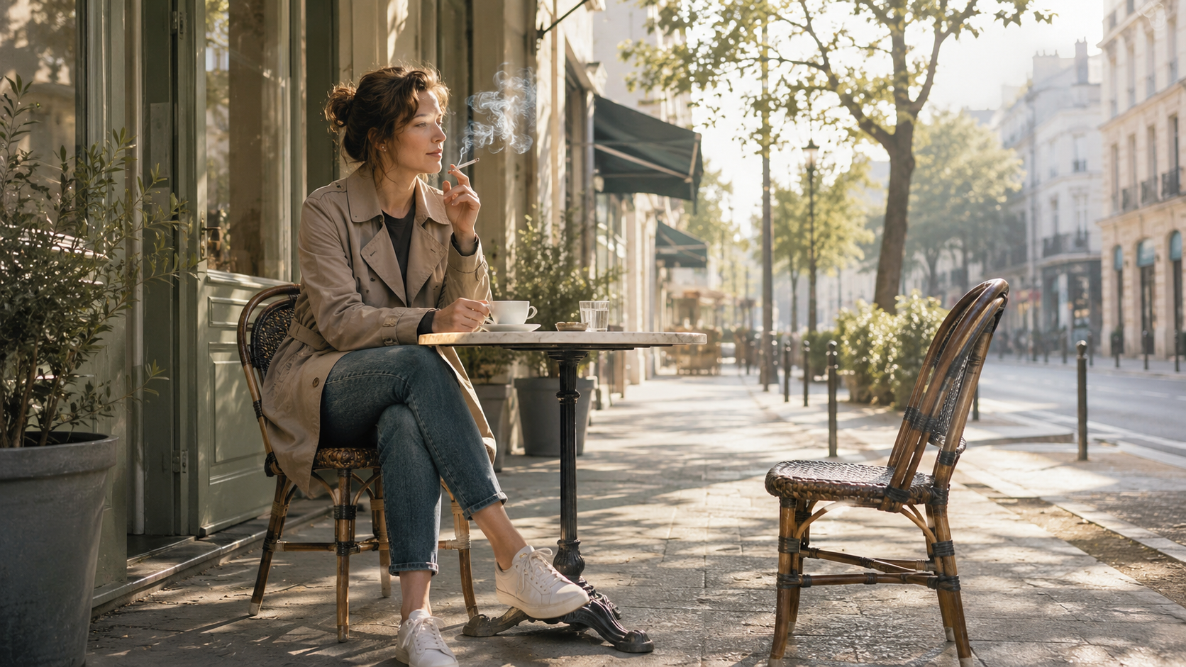 A solitary woman in early morning work clothes stands outside a city building, lighting the first cigarette of the day in a quiet threshold moment.