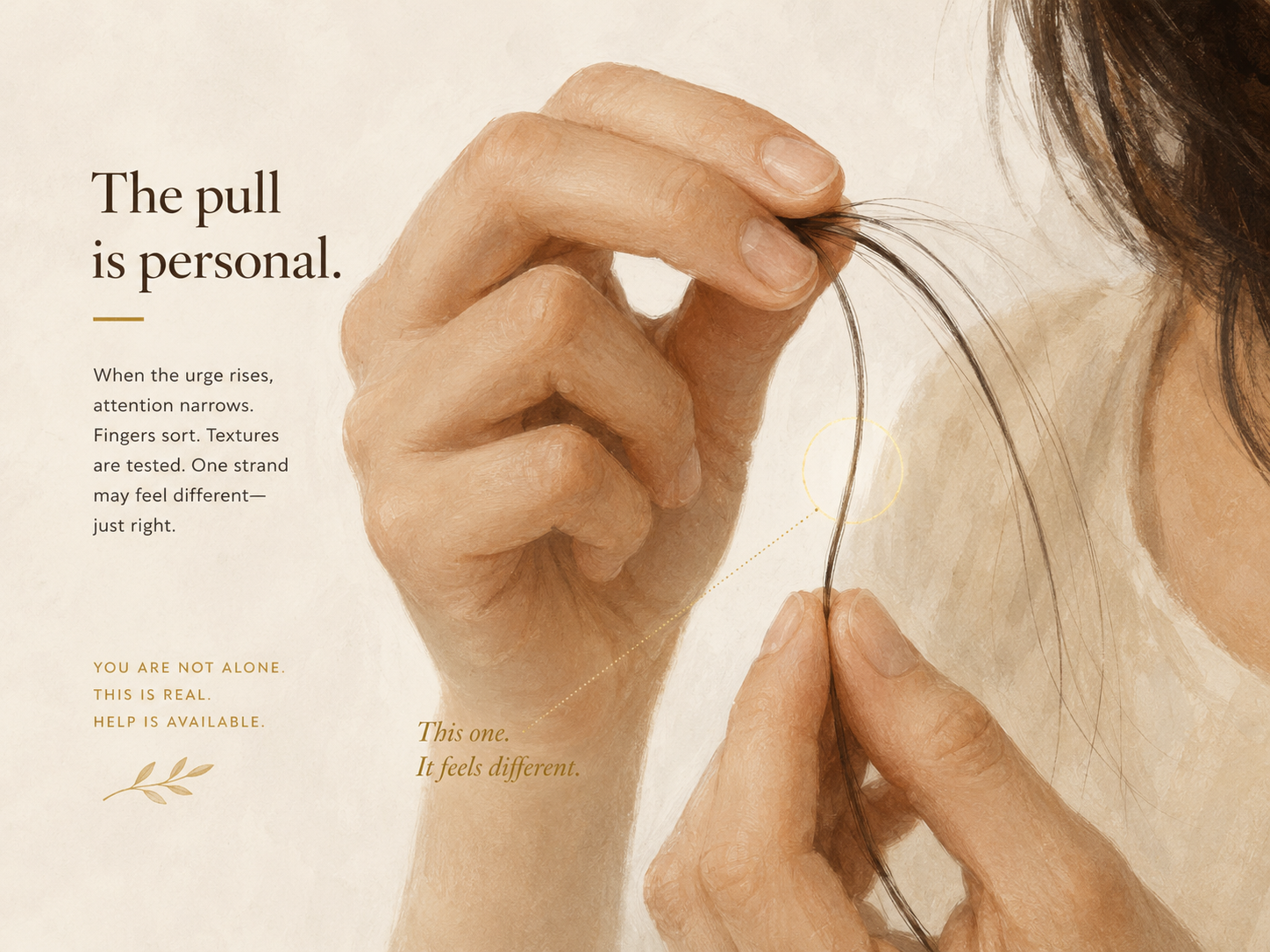 An illustrated close-up of hands sorting and holding strands of hair, highlighting one strand that feels different.