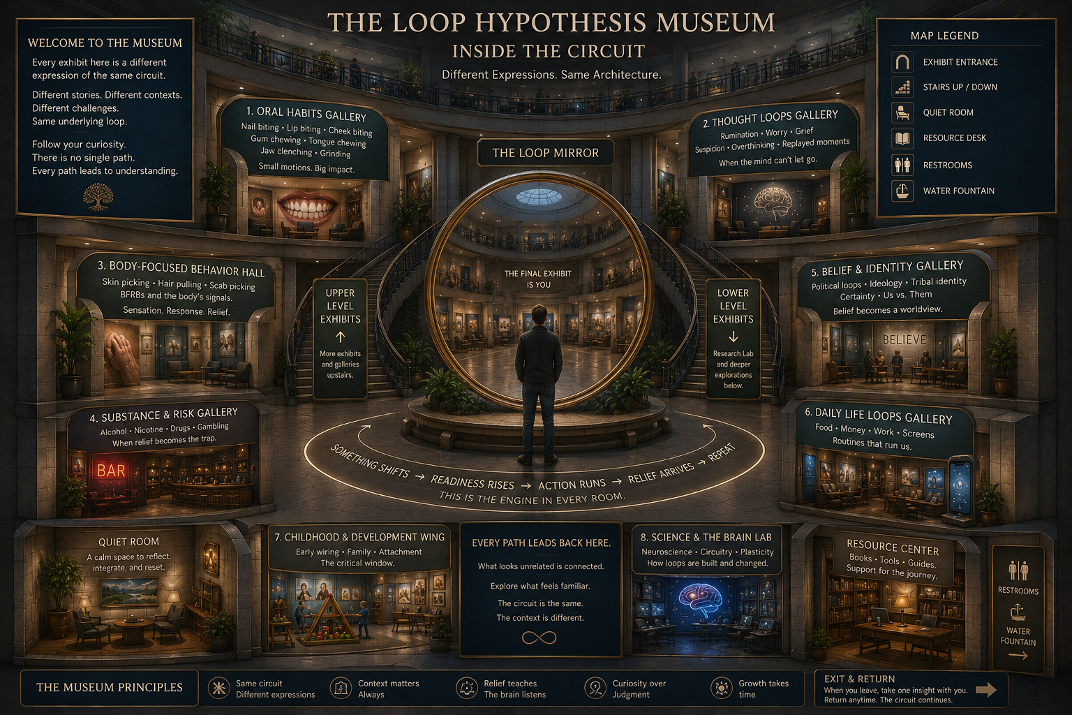 Illustrated Loop Hypothesis Museum atrium with exhibit galleries around a central Loop Mirror
