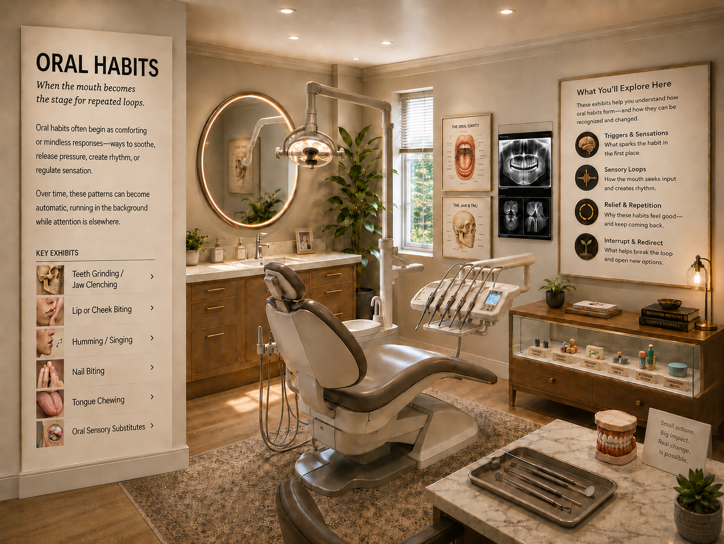 A bright dental clinic style Oral Habits room with a dental chair, sink and mirror, anatomy charts, a key exhibits panel, and a wall board explaining oral loops.