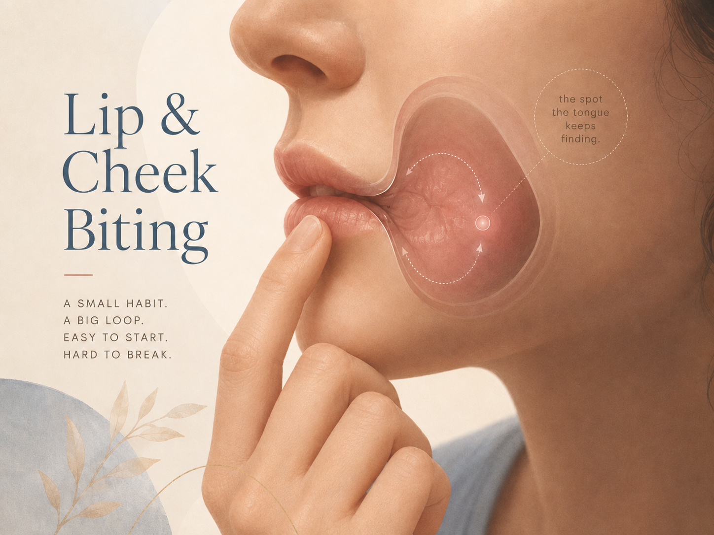 Editorial illustration showing a finger touching the lips with a highlighted inner-cheek spot, representing lip and cheek biting loops.