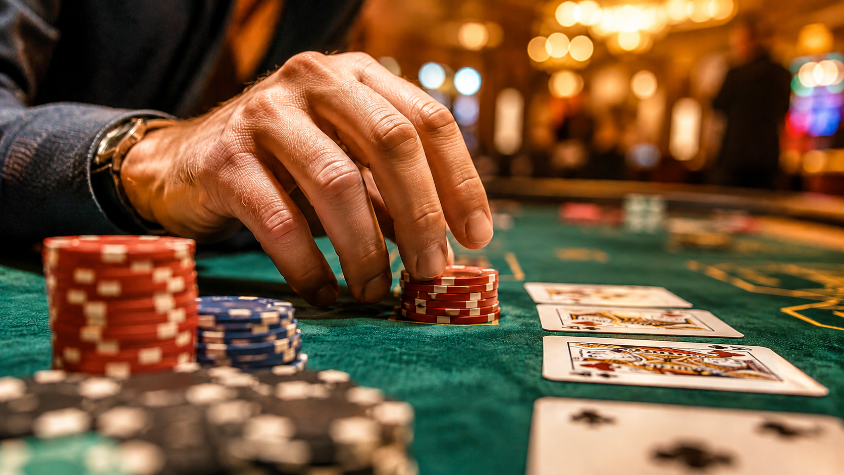 A close-up of a hand placing red chips on a green felt casino table, with cards and stacks of chips in a bright, cinematic casino setting.
