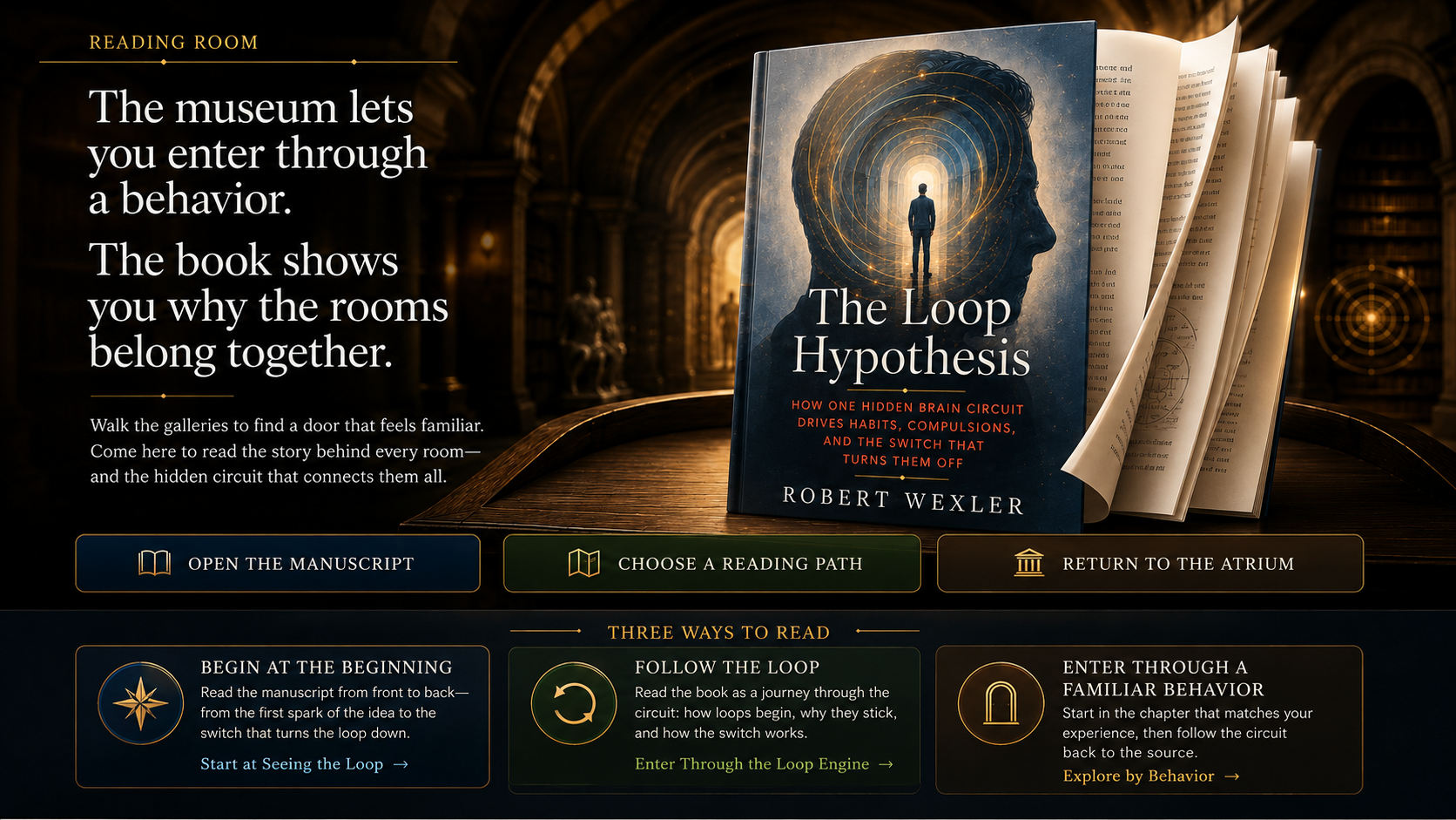 The Loop Hypothesis Reading Room with the approved open book cover and curled pages