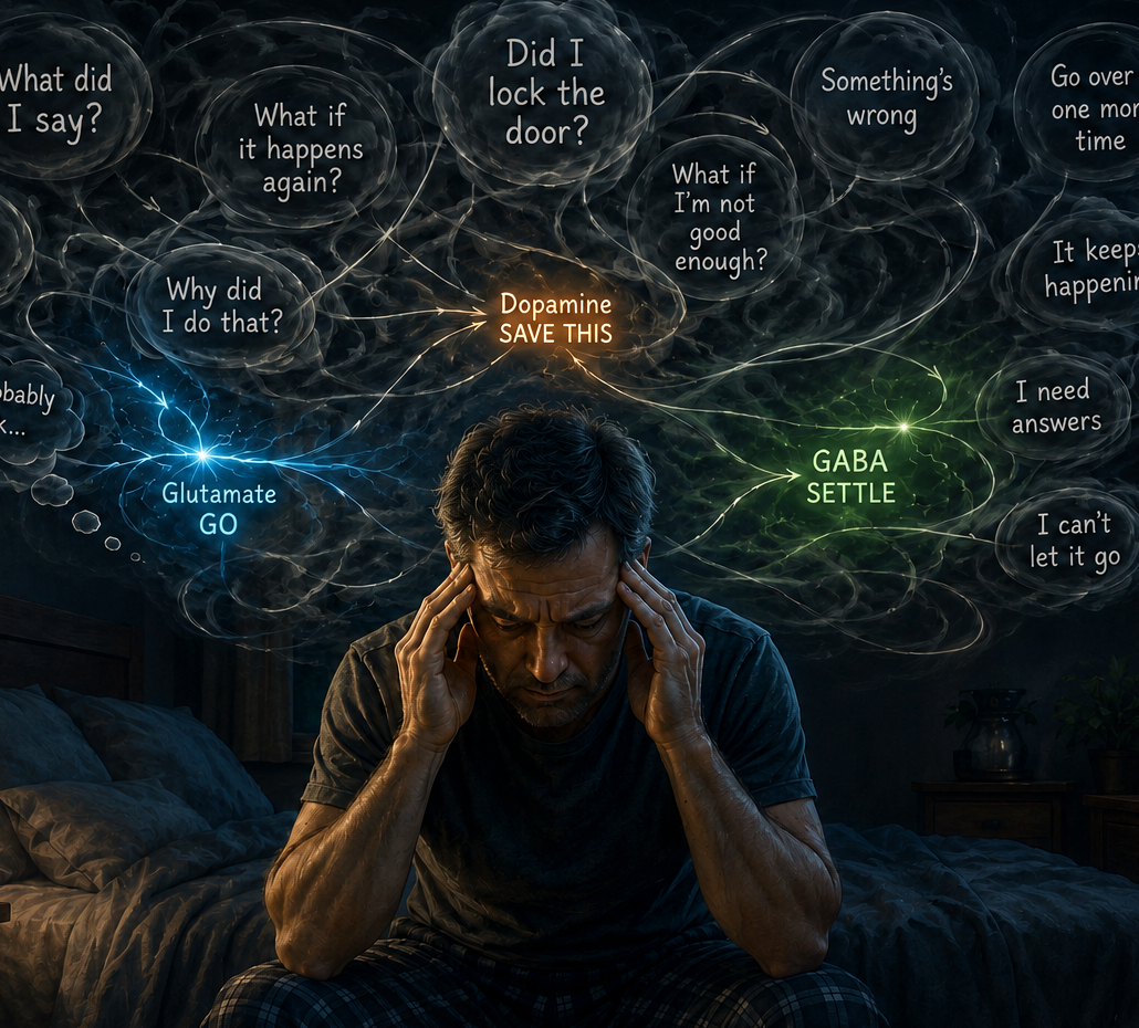 A man sitting in a dim room while looping checking thoughts swirl around him