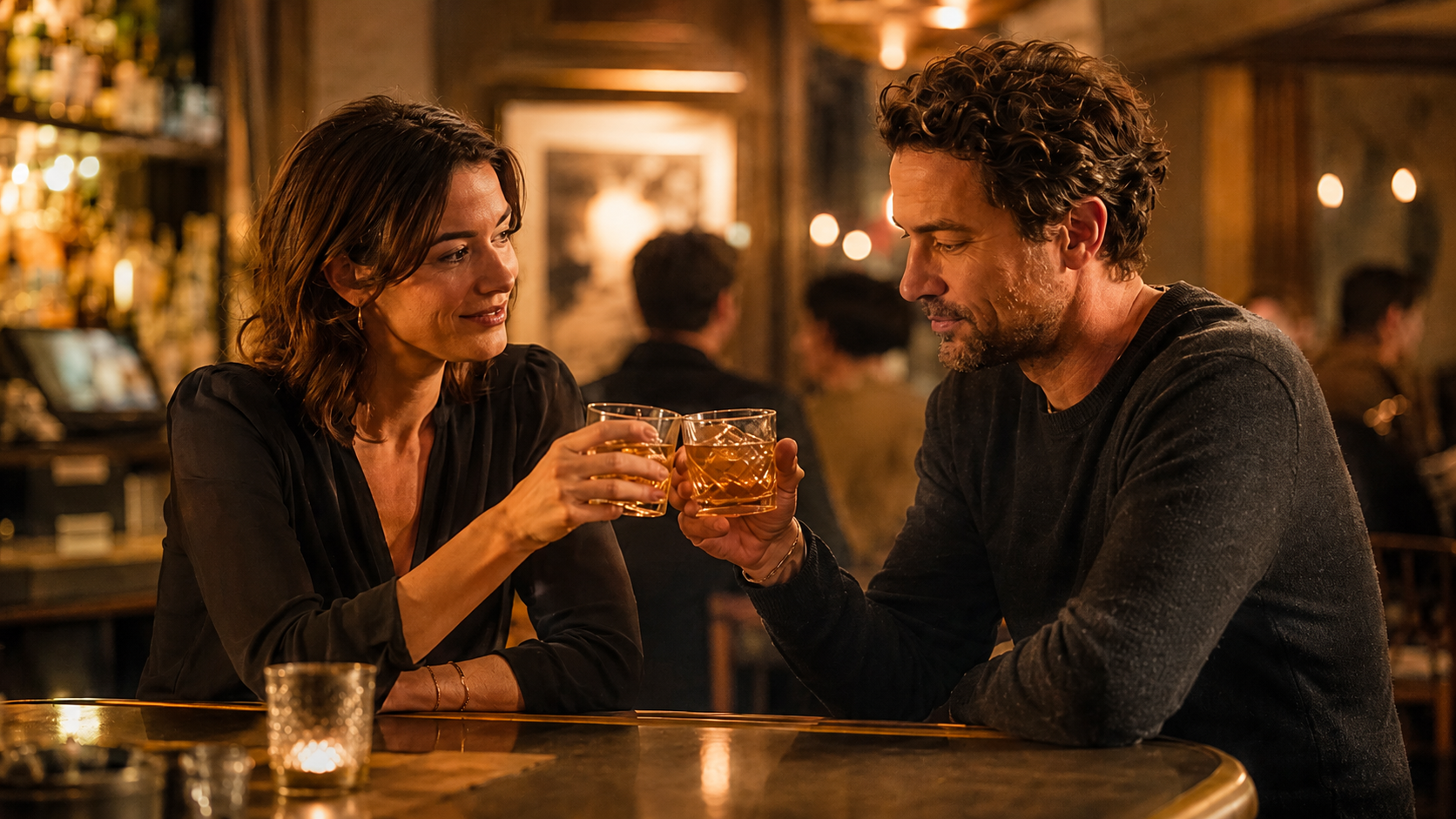 Two people at a warm amber-lit bar raising similar glasses at a small table, one socially at ease and the other more inward and tense from the day.