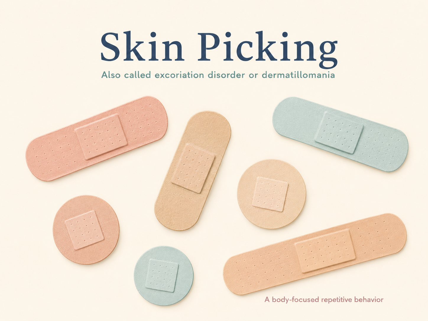 A calm illustrated display of adhesive bandages and patches titled Skin Picking, representing skin protection and body-focused repetitive behavior.