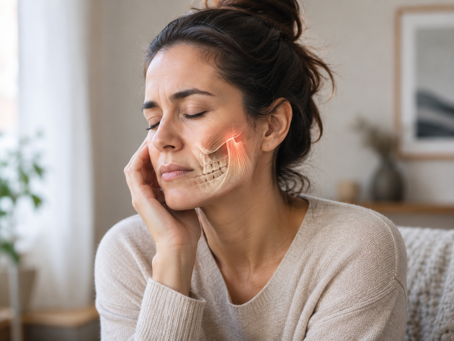 A woman holding her jaw with a subtle anatomical overlay showing the jaw muscles, teeth, and joint.