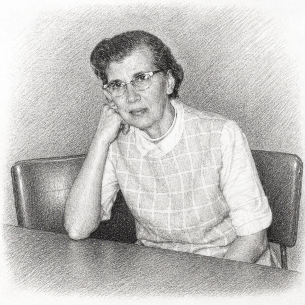 Robert Wexler's grandmother seated at a table, one elbow resting on the table and her hand supporting her face.