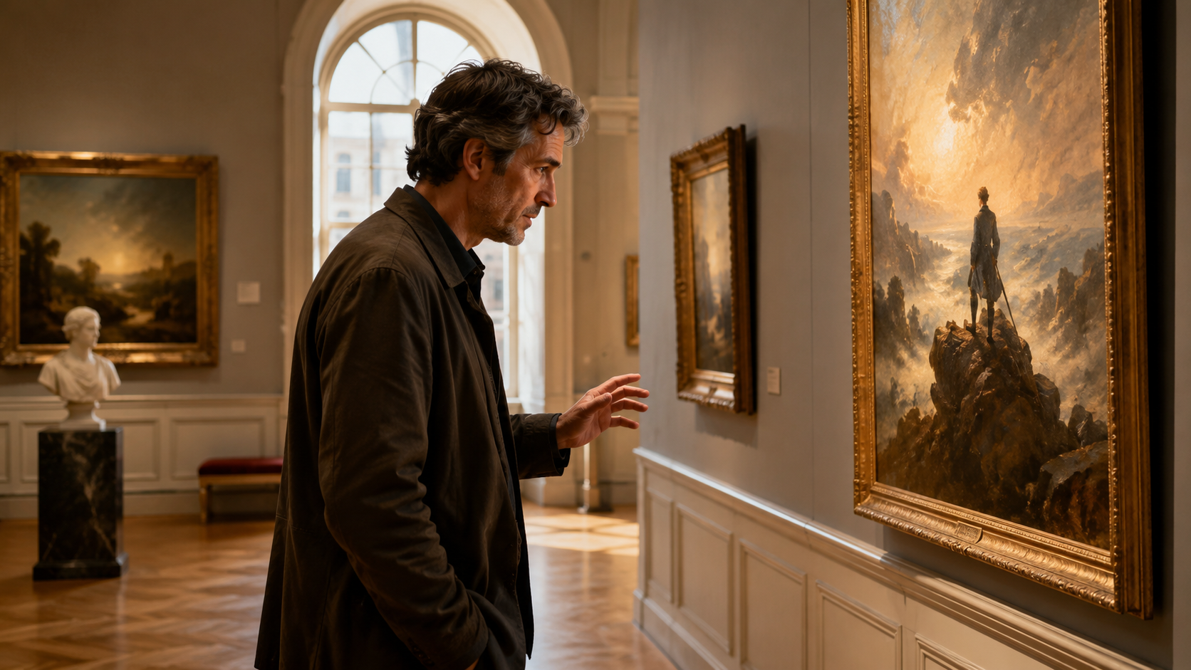 A man stands in a quiet art gallery studying a framed painting, absorbed in the moment.