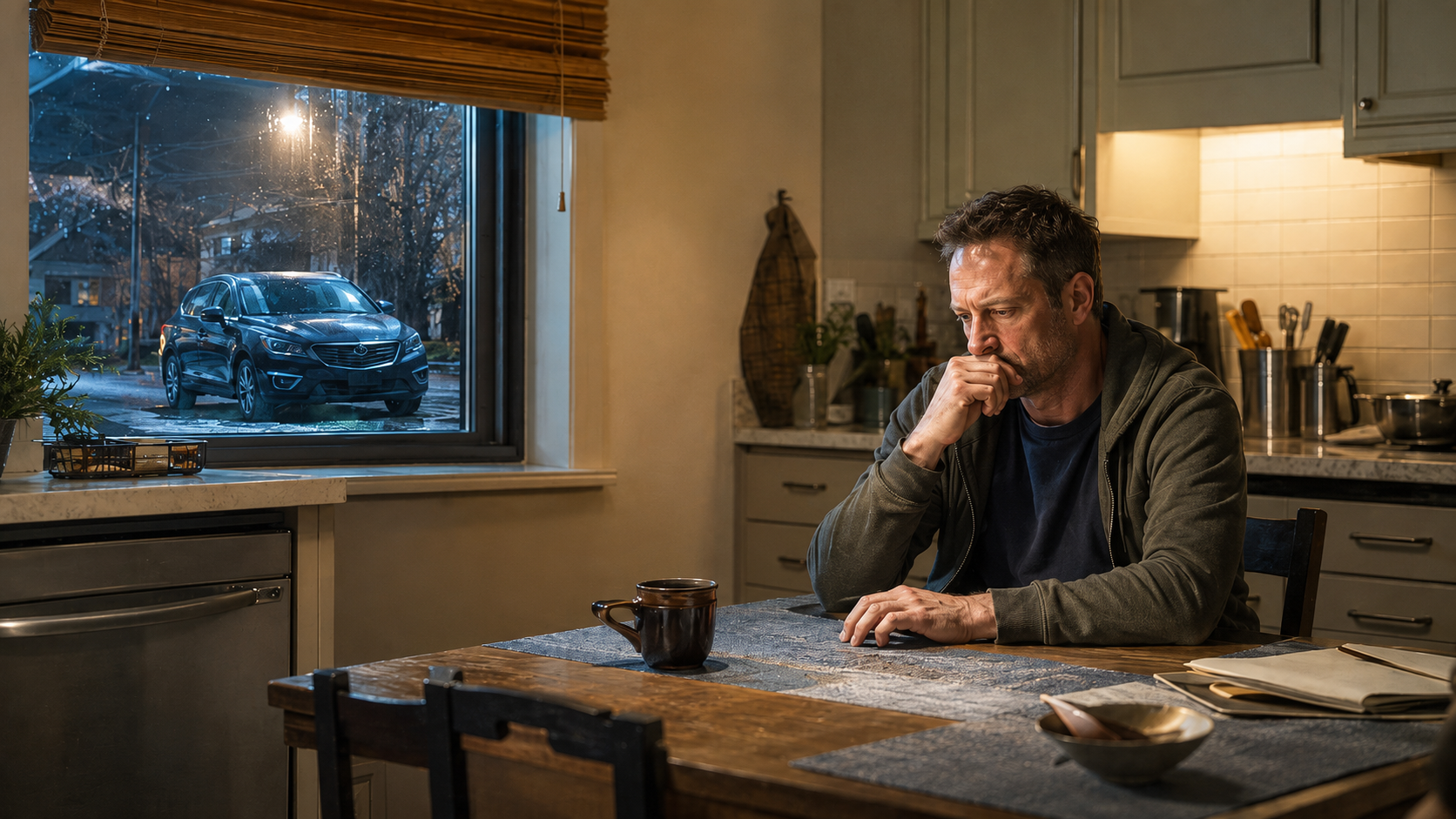 A man sits alone at a kitchen table at night with a cup of coffee, looking troubled, while his car is visible outside the window.